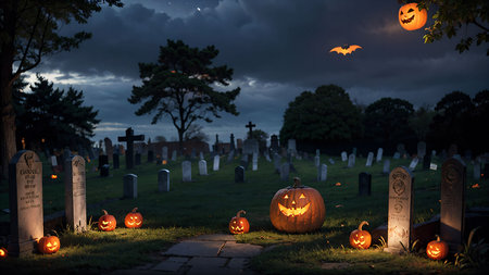 Halloween pumpkins in cemetery at night. Halloween holiday concept.の素材