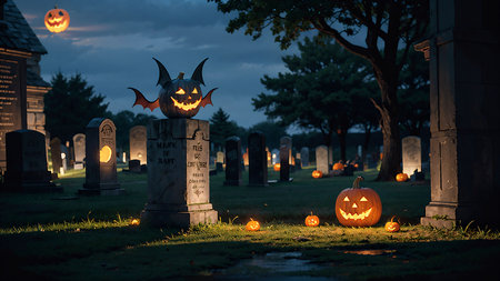 Halloween pumpkins in cemetery at night. Scary jack o lanterns.の素材