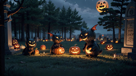 Halloween pumpkins in cemetery at night. 3D rendering.の素材