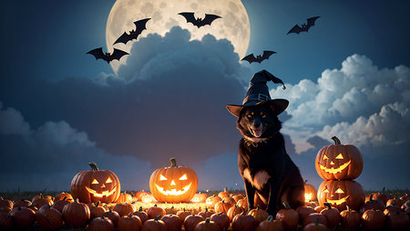 Black dog wearing witch hat sitting on pumpkin field with bats flying aroundの素材