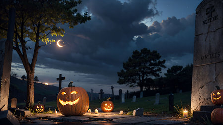 Halloween pumpkins on cemetery at night with moon and cloudy skyの素材