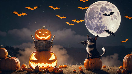Halloween pumpkins with cat in front of full moon. Mixed mediaの素材