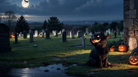 Jack Russell Terrier sitting on a grave at the cemetery during Halloweenの素材