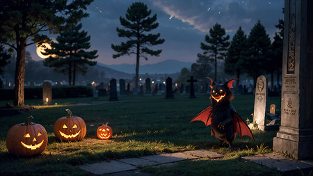 Halloween pumpkins on cemetery at night with full moon and starsの素材