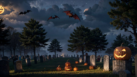 Halloween pumpkins and bats in cemetery. 3d rendering.の素材