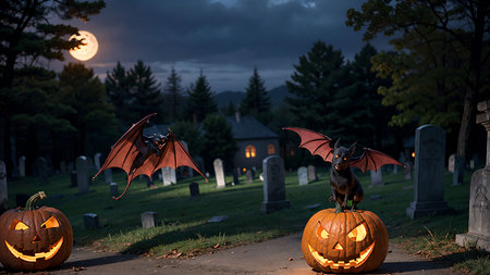 Jack-o-Lanterns and bats in a cemetery at nightの素材