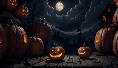 Halloween pumpkins on wooden planks at night with full moonの素材
