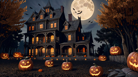 Halloween background with haunted house and pumpkins. 3d renderの素材
