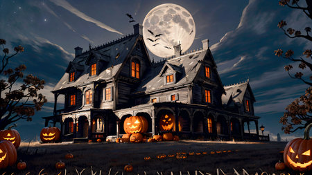 Halloween background with haunted house and pumpkins. 3d renderingの素材