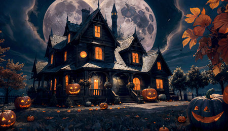 Halloween background with pumpkins and witch's house on full moonの素材