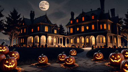 Halloween scene with pumpkins in front of haunted house at nightの素材