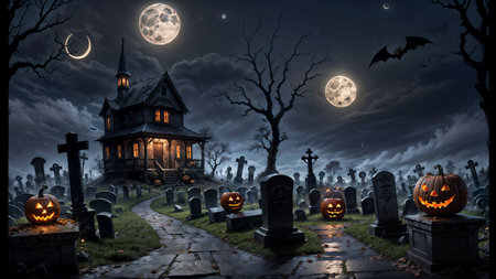 Halloween background with haunted house, pumpkins and moon. 3d renderingの素材