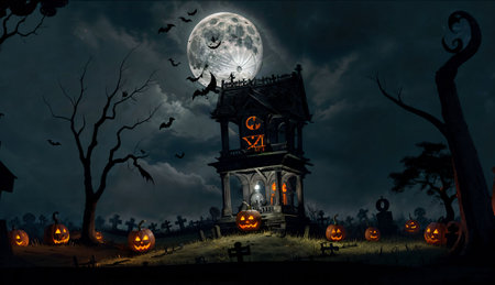Halloween background with pumpkins and old lantern at night with full moonの素材