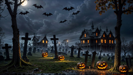 Halloween background with pumpkins, bats and haunted house at nightの素材