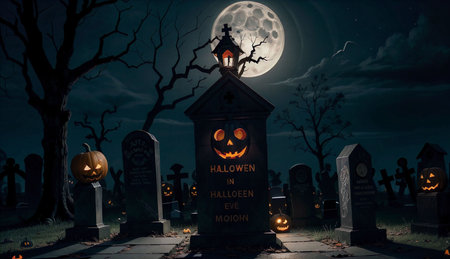 Halloween pumpkins on cemetery at night with full moon. Halloween background.の素材