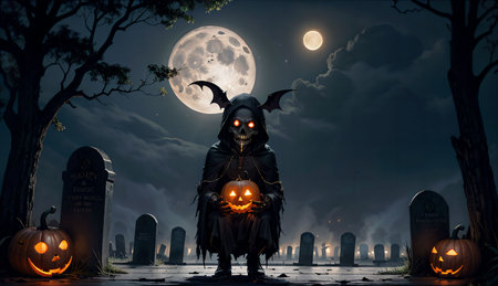 Halloween pumpkins and witch in the cemetery. 3d renderingの素材
