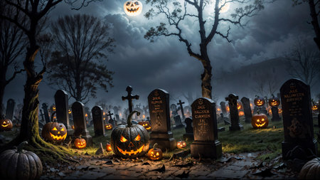 Halloween pumpkins with scary faces on cemetery at night. 3d renderingの素材