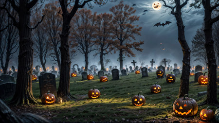 Scary halloween background with pumpkins, spiders and batsの素材