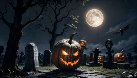 Halloween pumpkin head jack lantern in cemetery at night with full moonの素材