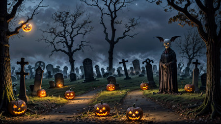 Halloween background with scary pumpkins at cemetery, 3d renderの素材