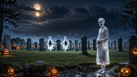 Halloween night scene with ghost and pumpkins. 3d renderingの素材