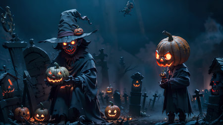 Unveiling the Devilish Scarecrow's Deception in the Eerie Nighttime Graveyard of Halloweenの素材