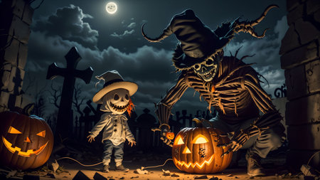 Unveiling the Devilish Scarecrow's Deception in the Eerie Nighttime Graveyard of Halloweenの素材
