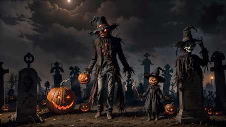 Unveiling the Devilish Scarecrow's Deception in the Eerie Nighttime Graveyard of Halloweenの素材