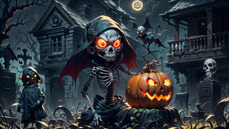 Unveiling the Devilish Scarecrow's Deception in the Eerie Nighttime Graveyard of Halloweenの素材