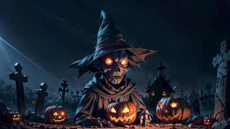 Unveiling the Devilish Scarecrow's Deception in the Eerie Nighttime Graveyard of Halloweenの素材