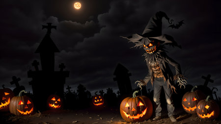 Unveiling the Devilish Scarecrow's Deception in the Eerie Nighttime Graveyard of Halloweenの素材