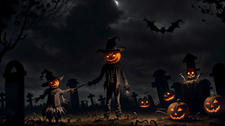 Unveiling the Devilish Scarecrow's Deception in the Eerie Nighttime Graveyard of Halloweenの素材