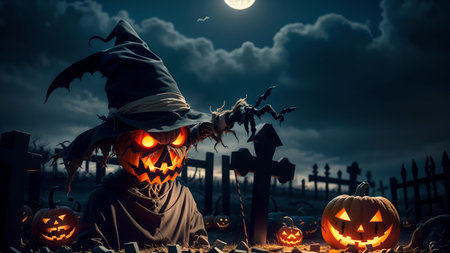 Unveiling the Devilish Scarecrow's Deception in the Eerie Nighttime Graveyard of Halloweenの素材