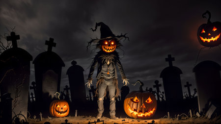 Unveiling the Devilish Scarecrow's Deception in the Eerie Nighttime Graveyard of Halloweenの素材