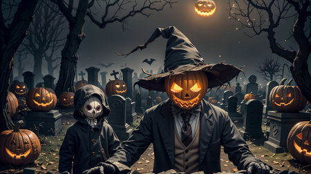 Unveiling the Devilish Scarecrow's Deception in the Eerie Nighttime Graveyard of Halloweenの素材