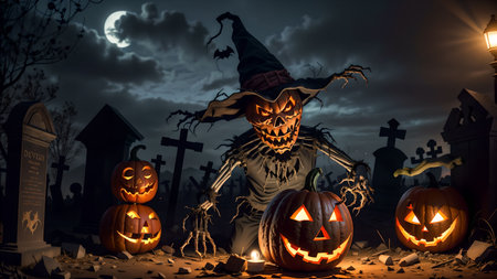 Unveiling the Devilish Scarecrow's Deception in the Eerie Nighttime Graveyard of Halloweenの素材