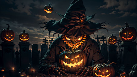 Unveiling the Devilish Scarecrow's Deception in the Eerie Nighttime Graveyard of Halloweenの素材
