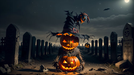Unveiling the Devilish Scarecrow's Deception in the Eerie Nighttime Graveyard of Halloweenの素材