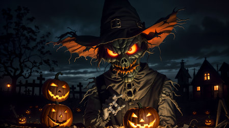 Unveiling the Devilish Scarecrow's Deception in the Eerie Nighttime Graveyard of Halloweenの素材