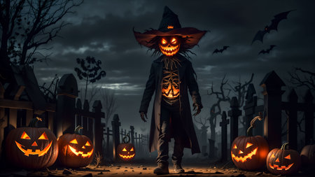 Unveiling the Devilish Scarecrow's Deception in the Eerie Nighttime Graveyard of Halloweenの素材