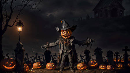 Unveiling the Devilish Scarecrow's Deception in the Eerie Nighttime Graveyard of Halloweenの素材
