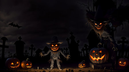 Unveiling the Devilish Scarecrow's Deception in the Eerie Nighttime Graveyard of Halloweenの素材
