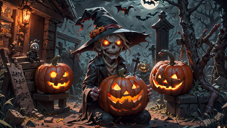 Unveiling the Devilish Scarecrow's Deception in the Eerie Nighttime Graveyard of Halloweenaの素材
