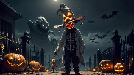 Unveiling the Devilish Scarecrow's Deception in the Eerie Nighttime Graveyard of Halloween ai generatedの素材