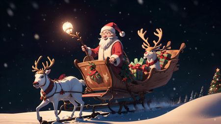 Santa Claus in a sleigh pulled by reindeers against a dark background.の素材