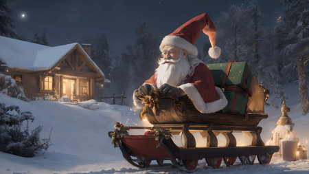 Santa Claus sitting on a sleigh with gifts at night in winter forestの素材