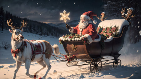 Santa Claus with reindeer sleigh in the mountains at nightの素材