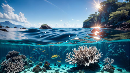 Underwater view of coral reef and tropical fish. 3D renderingの素材