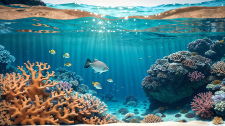 Underwater view of coral reef and tropical fish. 3D renderingの素材