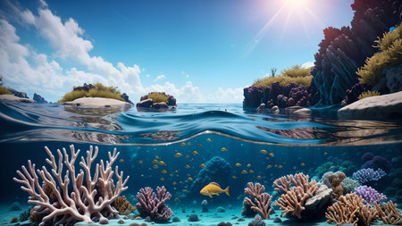 Underwater scene with corals and tropical fish. 3d renderの素材